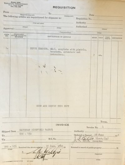 A History of the U.S. Navy on Ocracoke Requisition document for depth charges. Other documents at OPS include personnel changes, signal training, and memos.
